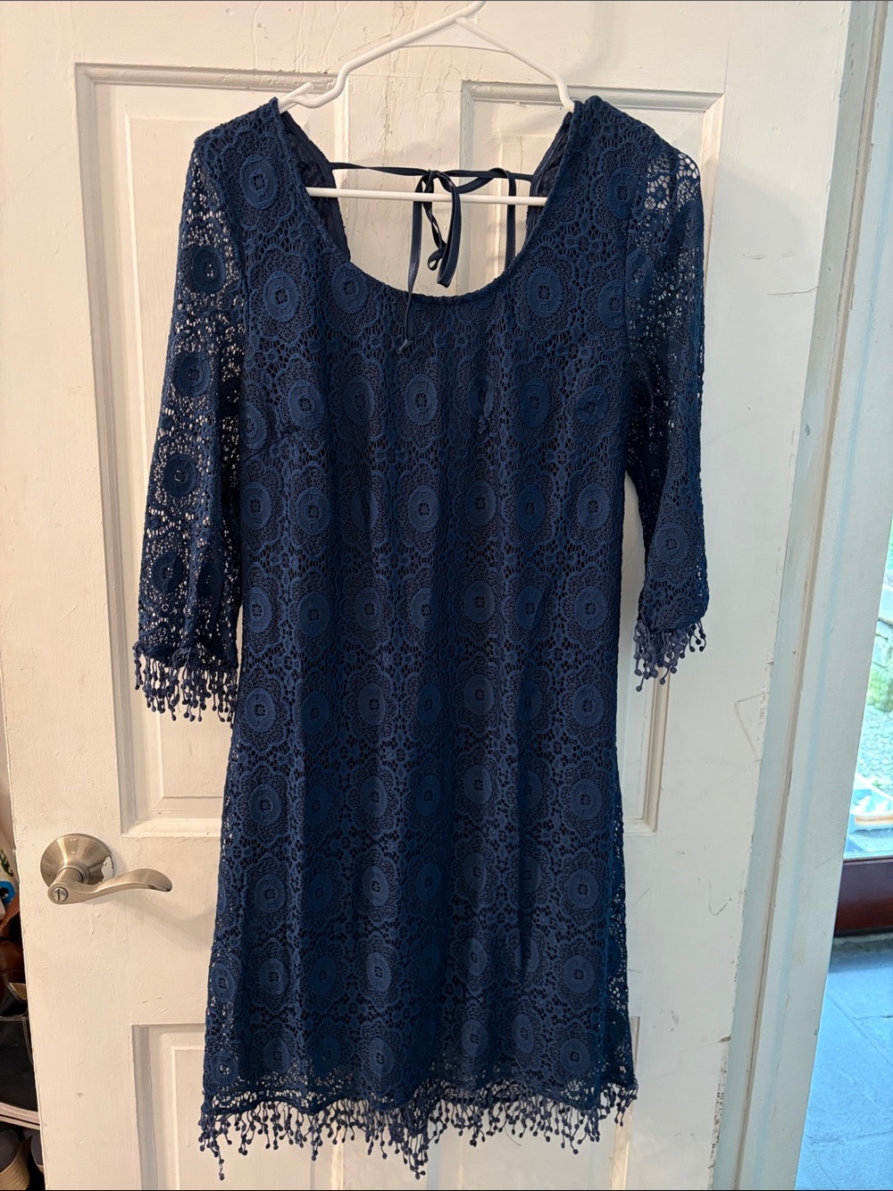Navy Crochet Lace Long-Sleeve Shift Dress with Fringe Trim